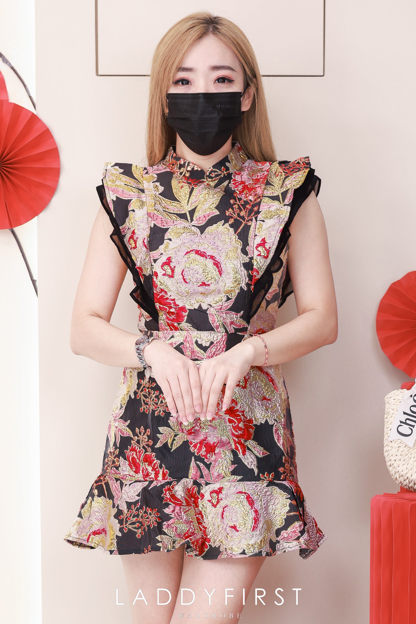 【D22346】高品质高端气质无袖荷叶边提花旗袍连身裙子，内层有里布短裤 ❤❤