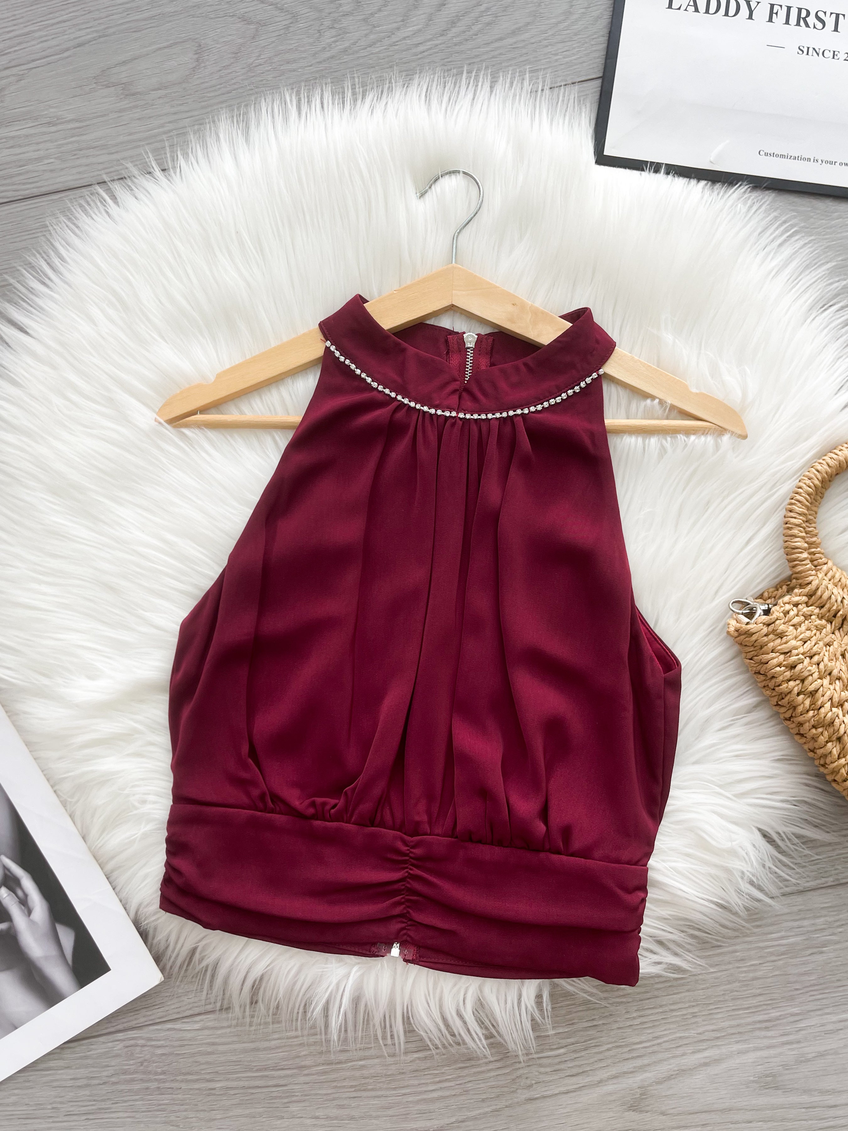 【T6881】高品质雪纺拼接钻石领CUT in无袖时装上衣 ❤❤