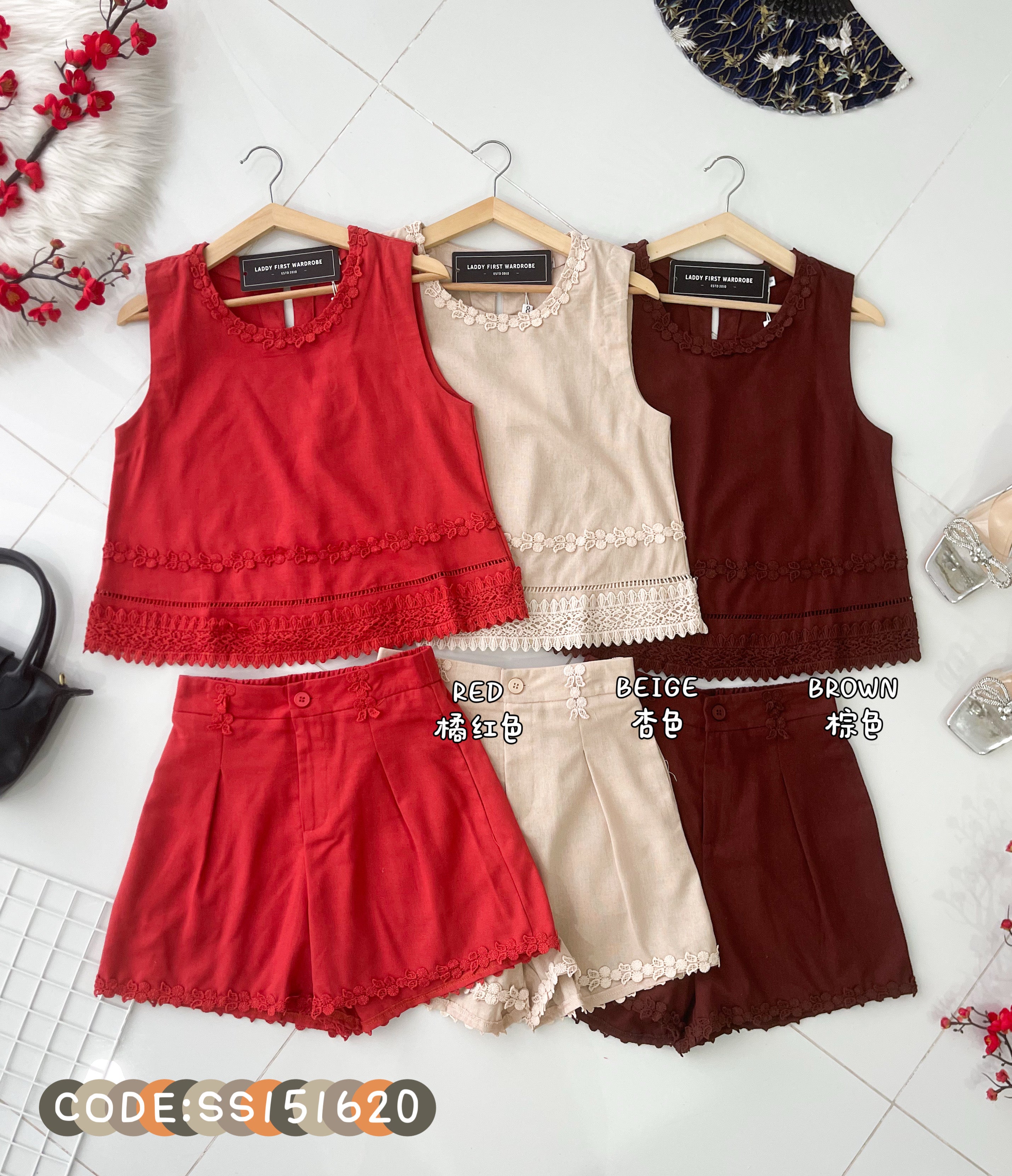 【SS151620】高品质两件式优雅简约时尚棉麻套装 宽松版棉麻无袖上衣➕棉麻高腰百搭短裤，后腰伸缩弹力，有口袋 ❤️❤️