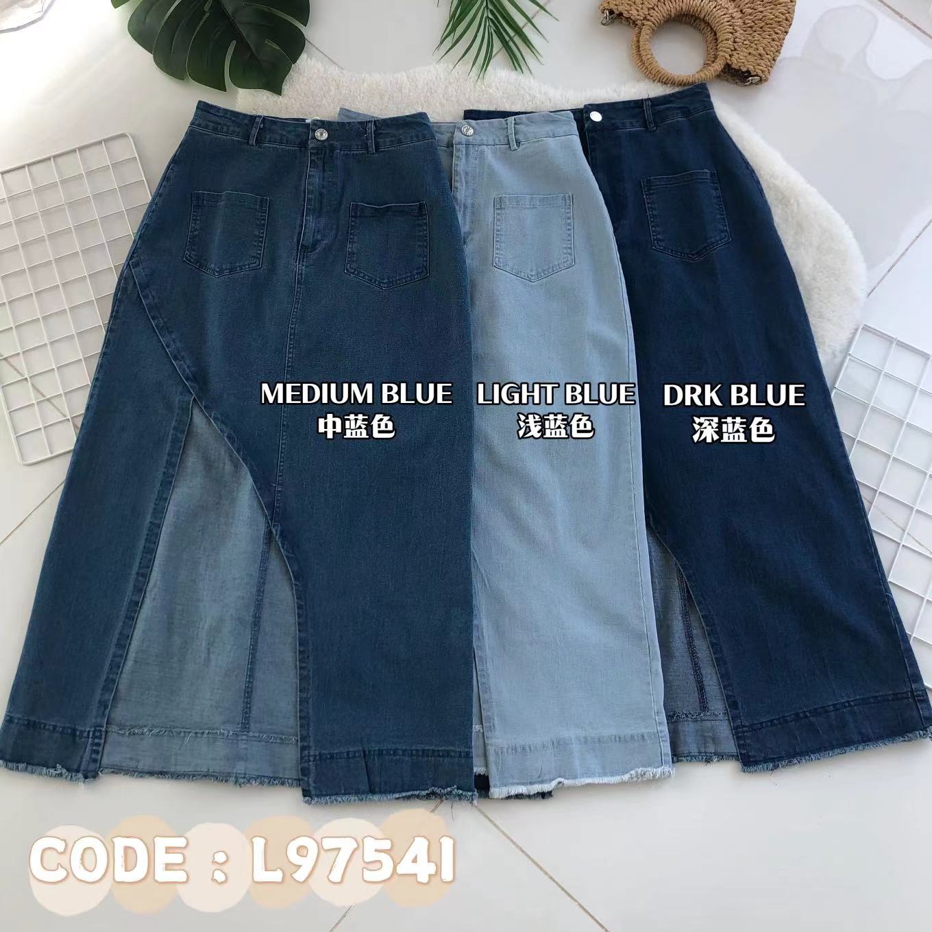 【L97541】高品质韩版弹力牛仔斜边开叉设计中长款高腰百搭裙子，有口袋 ❤️❤️