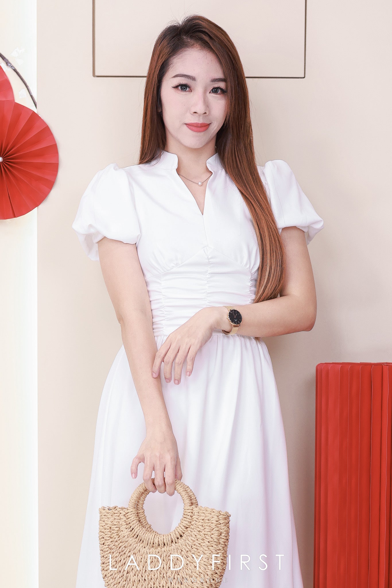 【D3502】【网站福利款✨】【LFW独家小圆饼】高品质轻熟温柔风V领泡泡袖皱褶收腰设计连身裙子 ❤️❤️ 【D-R2-C2】