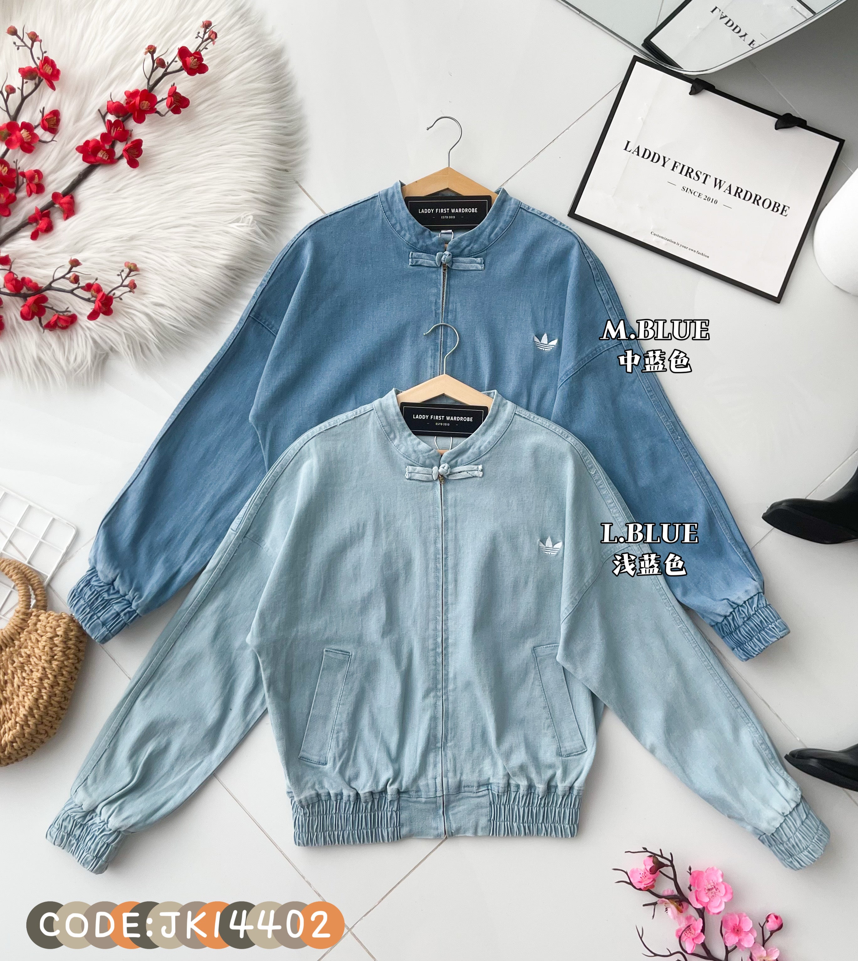 【T14402 / 37639】高品质刺绣三叶草运动风新中式牛仔长袖外套，有口袋 ❤❤