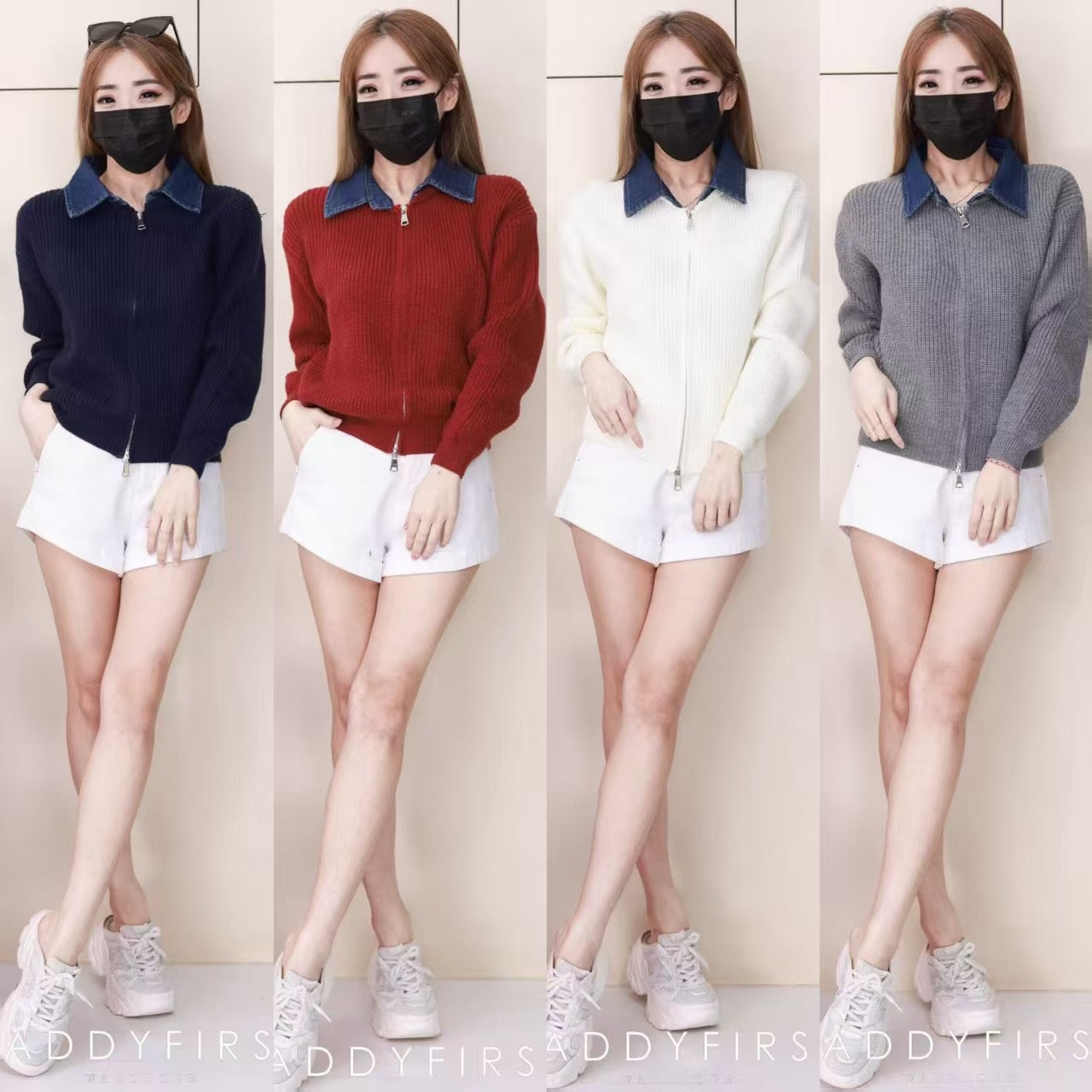 【T2878】高品质韩系厚实针织拼接牛仔翻领长袖百搭外套 ❤❤