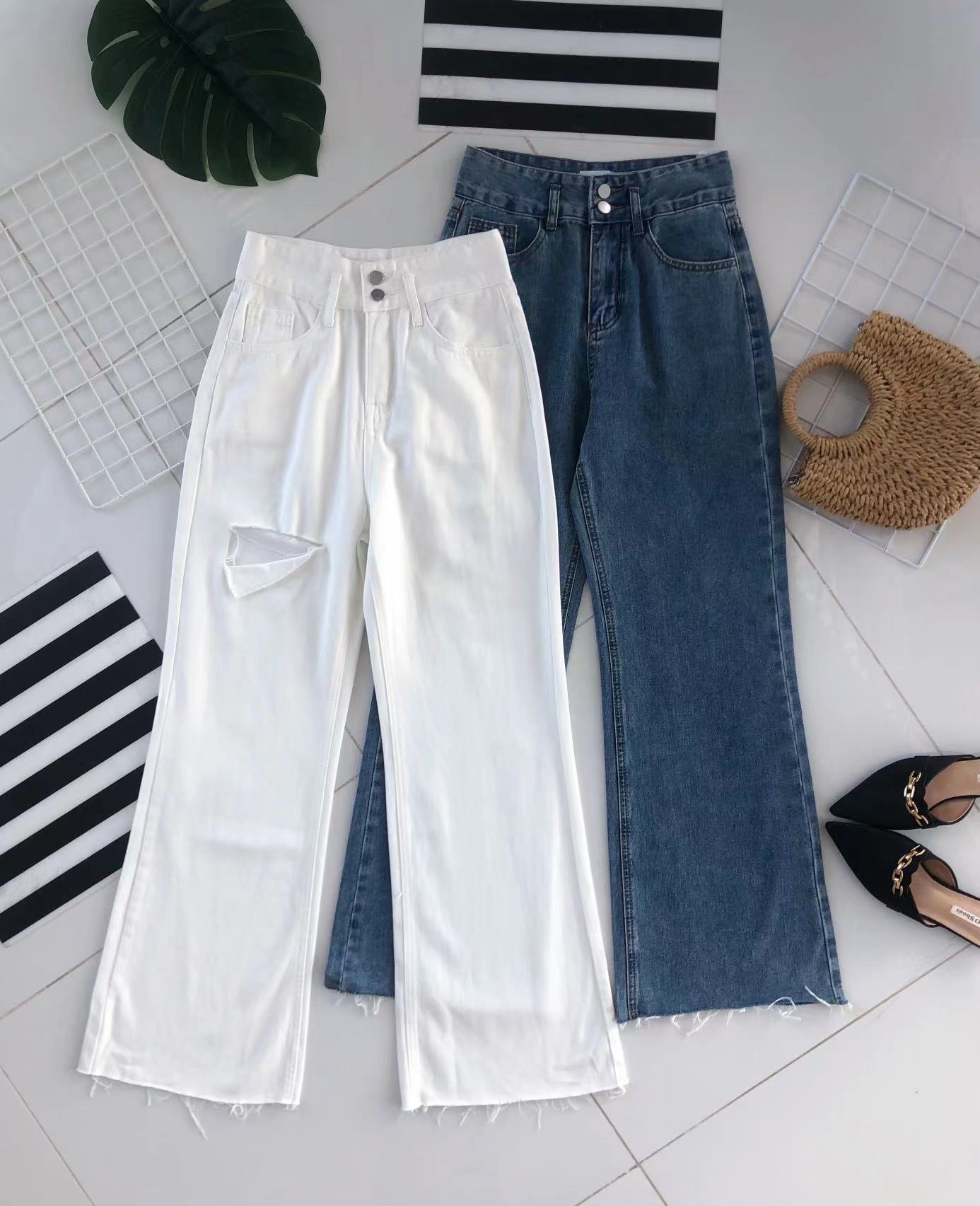 【L61183】高品质气质牛仔高腰阔脚休闲百搭长裤，有口袋 ❤️❤️