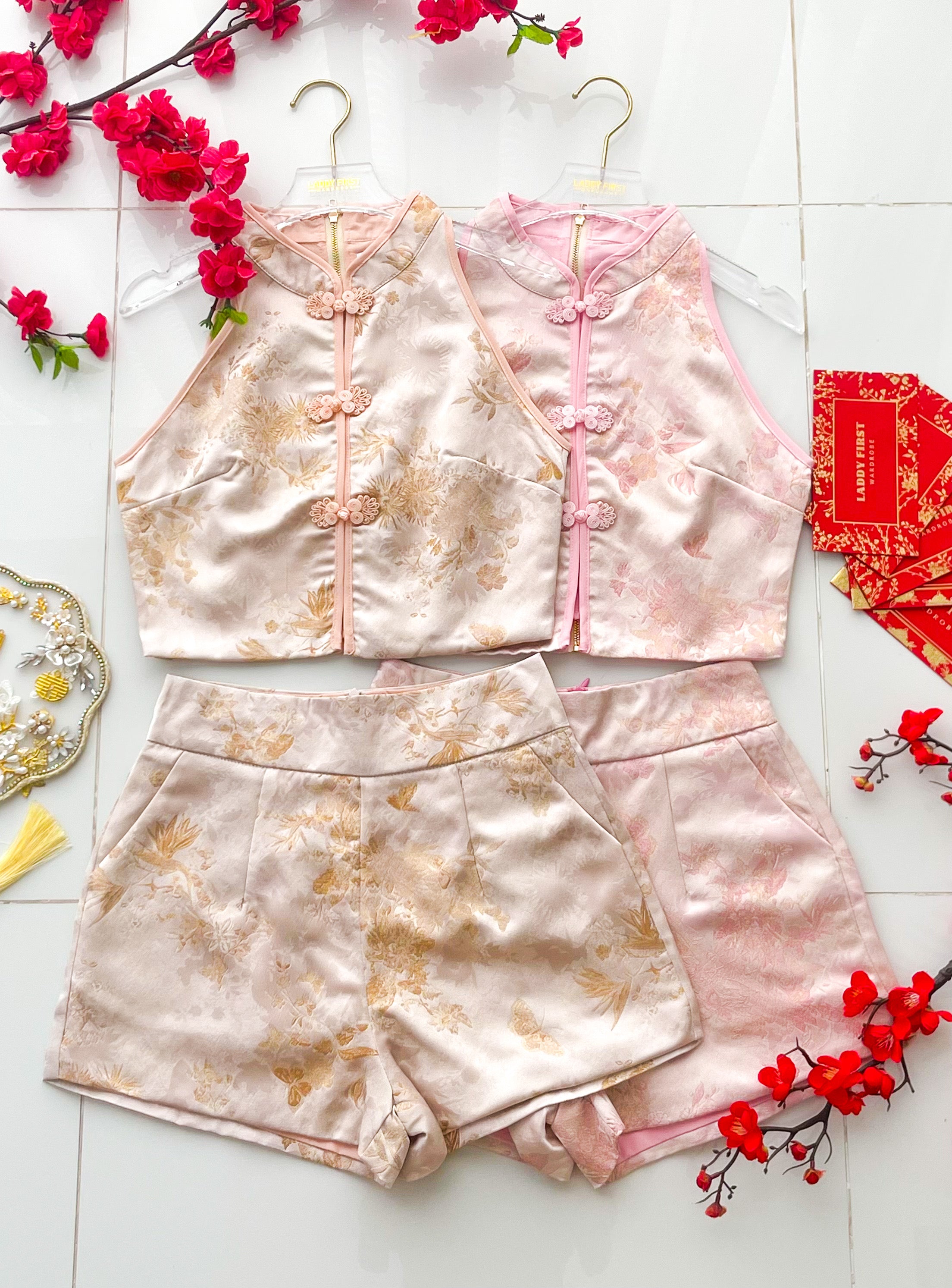 【SS21820 / 37606】高品质两件式气质新中式国风提花旗袍套装 中国结CUT IN旗袍上衣➕提花高腰短裤，有口袋 ❤️❤️