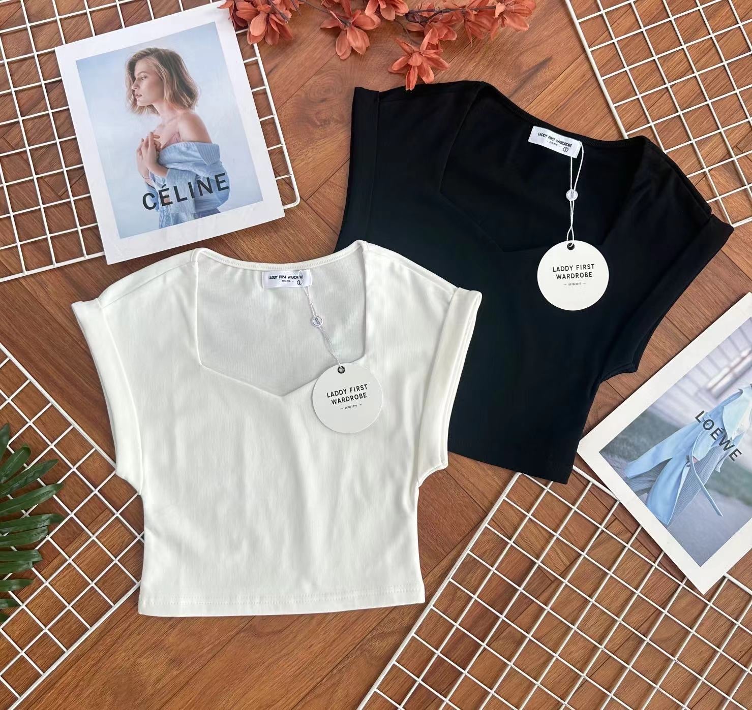 【T3453】【LFW独家小圆饼】独家爆款高品质砖石领口设计短袖纯棉弹力简约休闲百搭上衣 #前副内层有里布 ❤❤ 【B-R2-C5】