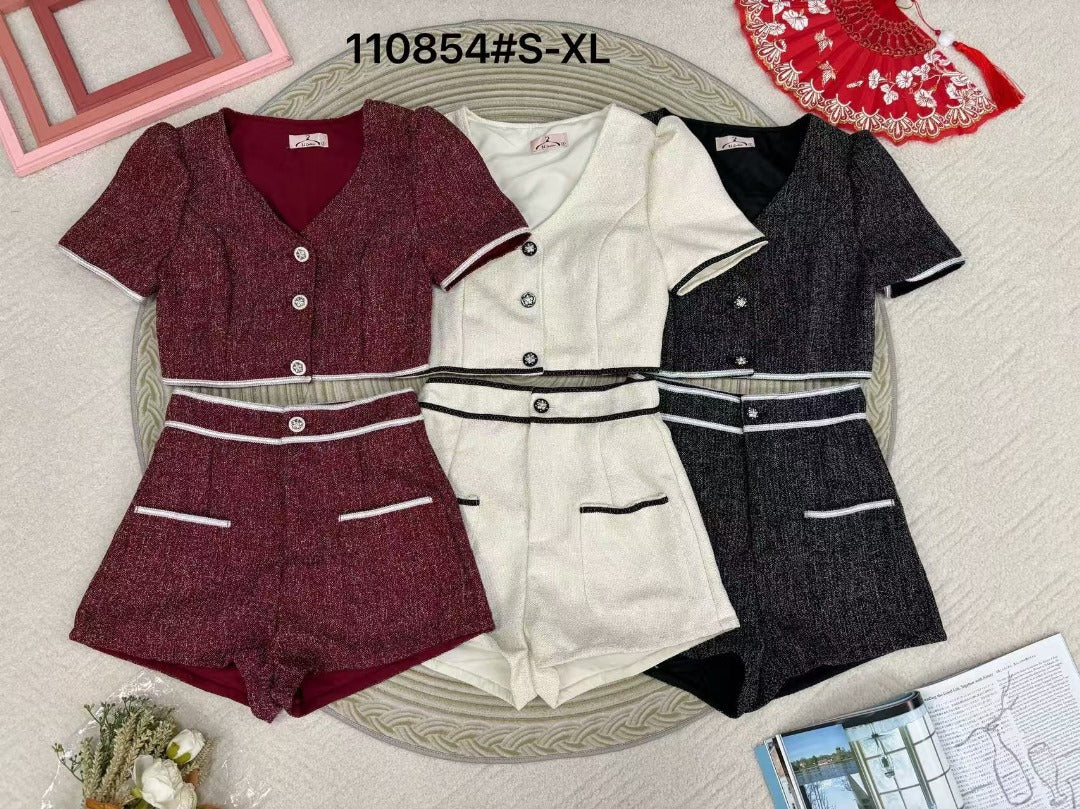 【SS110854】【补厂家现货⚡️⚡️】高品质质两件式精致小香风时尚套装 小香风短袖上衣➕小香风高腰百搭短裤 ❤️❤️