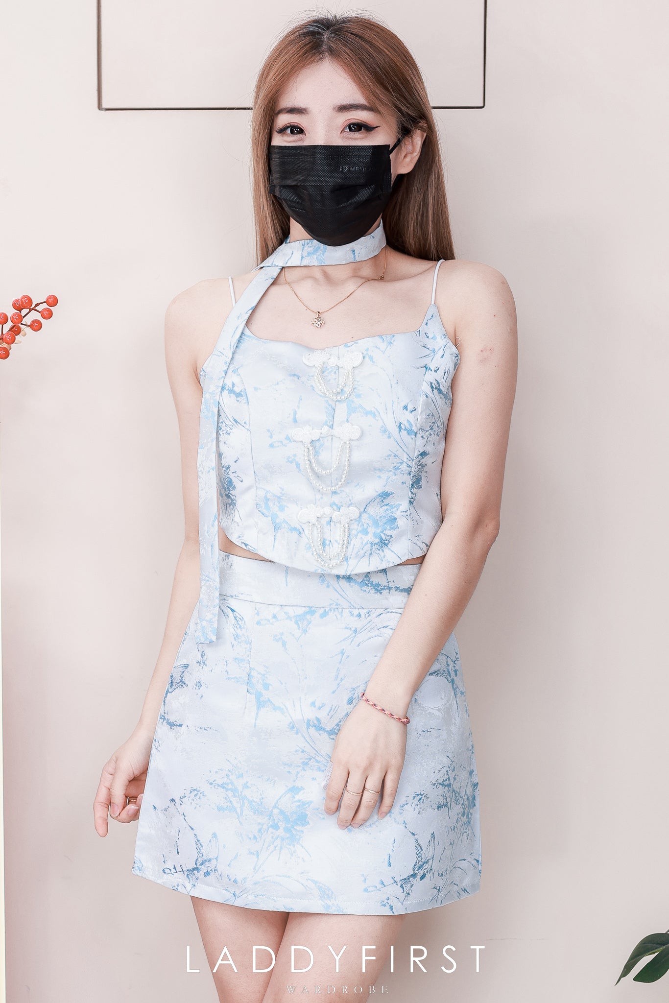 【SS21776 / 37581】高品质两件式气质国风新中式提花旗袍套装 无袖肩带花旗袍上衣➕提花高腰裙子，内层有里布短裤有口袋 ❤️❤️