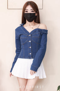 【T7738】高品质爆气感御姐风斜肩长袖牛仔上衣 ❤❤【A-R1-C1】