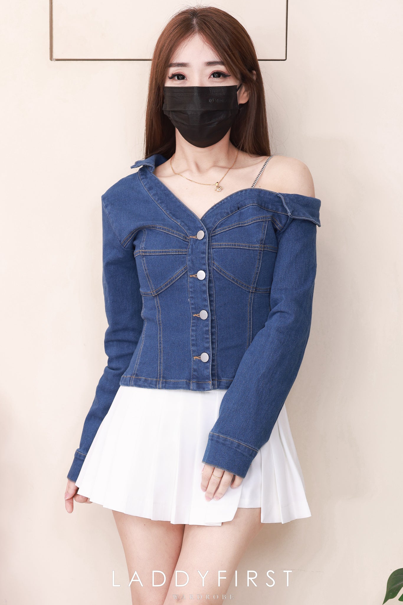 【T7738】高品质爆气感御姐风斜肩长袖牛仔上衣 ❤❤【A-R1-C1】