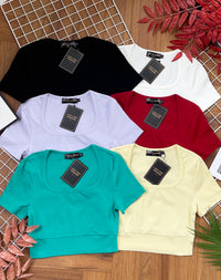 【T3369】独家爆款大U领短袖纯棉弹力休闲百搭上衣【A-R1-C3】