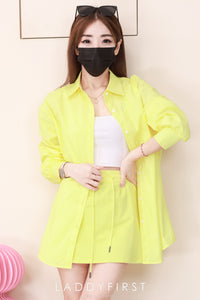 【SS3540】＊高质量套装回馈＊【LFW独家小圆饼】高品质两件式韩式气质感衬衫时尚套装 宽松版翻领长袖衬衫上衣➕卫衣棉松紧腰弹力高腰裙子，内层有里布短裤 ❤️❤️