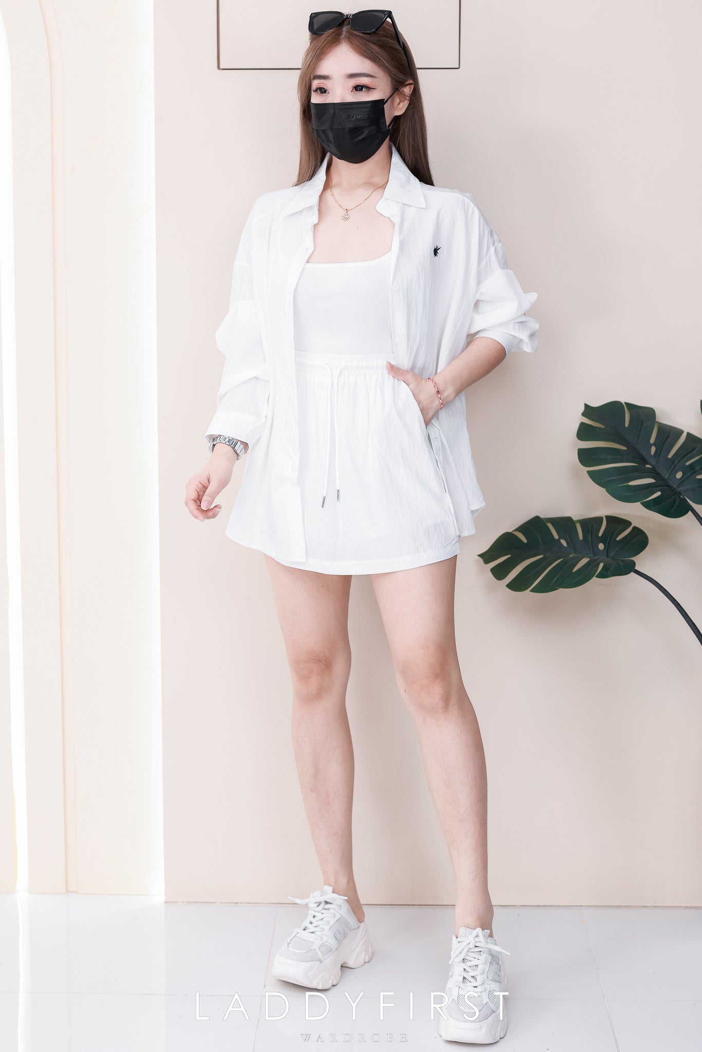 【SS5913-1】⚡补货预定款⚡高品质韩式简约衬衫时尚套装 宽松大版翻领长袖上衣➕松紧腰弹力高腰百搭裙子，内层有里布短裤，有口袋❤️❤️