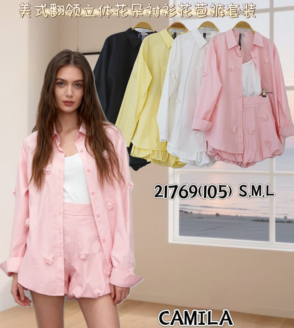 【SS21769 / 65169】【补厂家现货⚡️⚡️】高品质两件式欧美风特别衬衫拼接立体花瓣套装 翻领长袖上衣➕花苞高腰百搭短裤，后腰伸缩弹力，有口袋 ❤️❤️