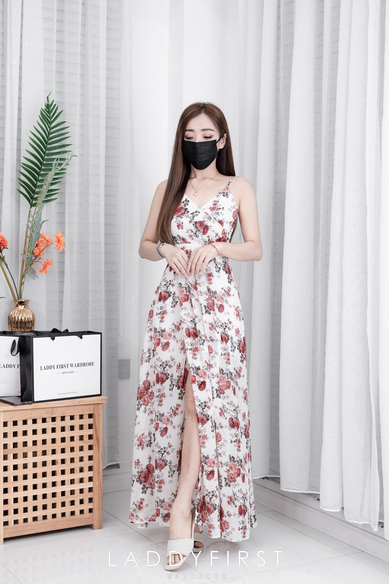 【D22894】独家爆款性感V领吊带碎花雪纺连身长裙，肩带可调节【A-R2-C6】