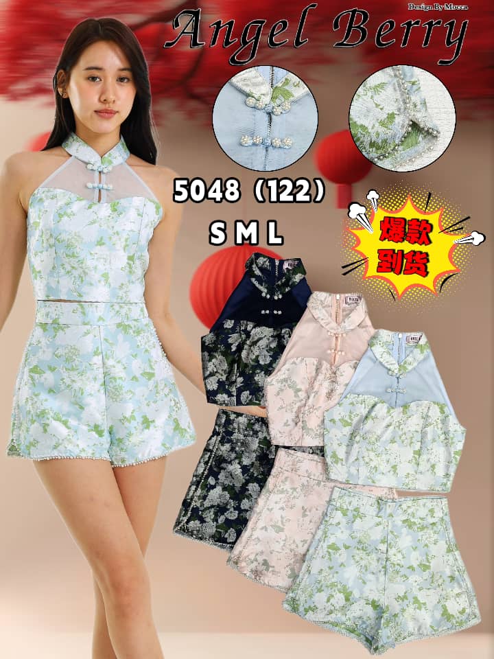 【SS25230】【补厂家现货⚡️⚡️】高品质两件式新中式提花旗袍套装 提花拼接网纱CUT IN旗袍上衣➕提花高腰百搭短裤，有口袋 ❤️❤️