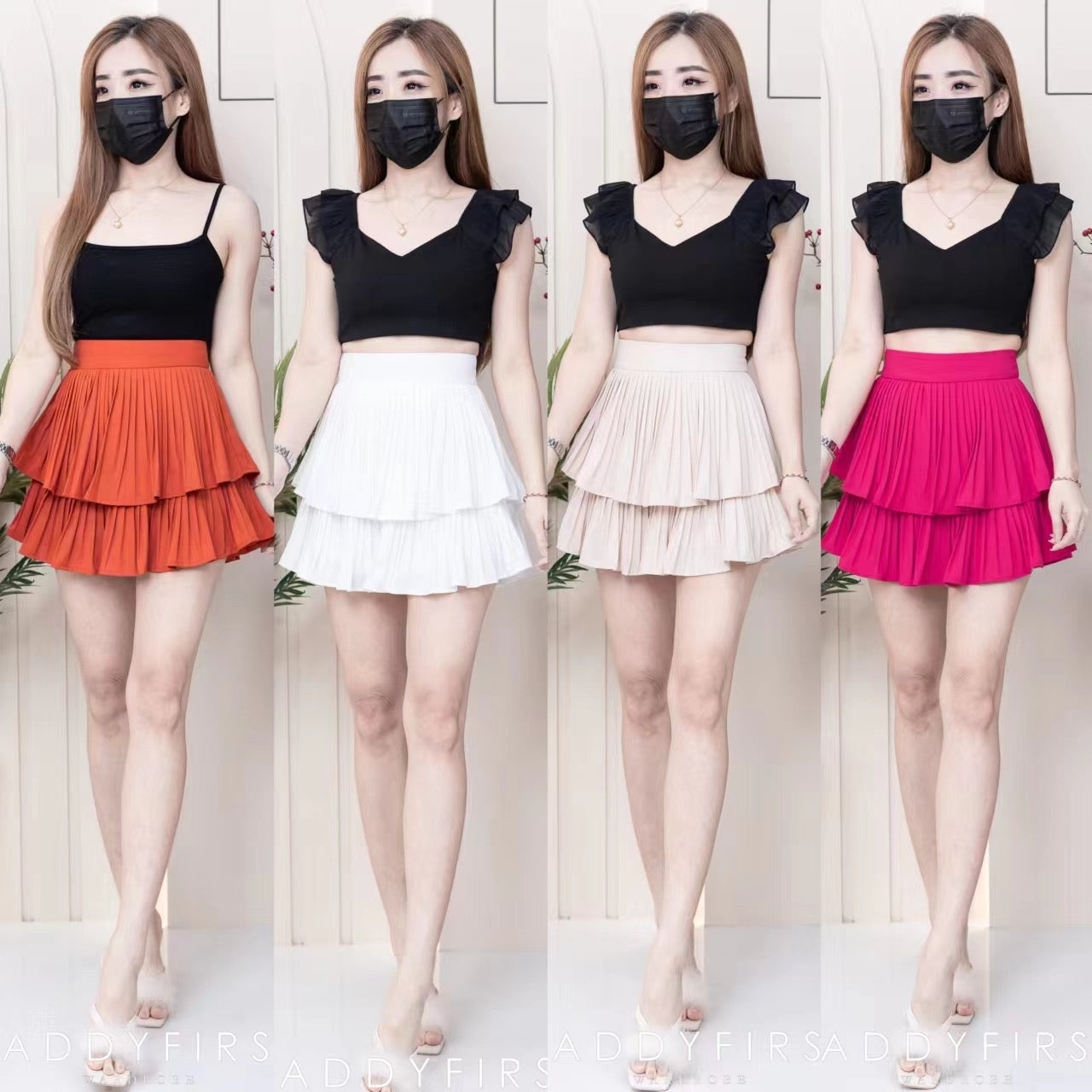 【S68114】【独家小圆饼】双层蛋糕百褶荷叶边高腰显瘦西装裙子，内层里布短裤【B-R1-C2】