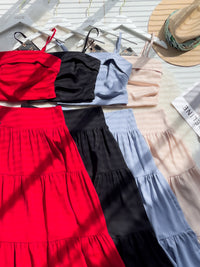 【SS32189】LFW独家爆款两件式仙气温柔风雪纺套装 自调无袖肩带抹胸上衣，后副伸缩弹力➕高腰显瘦大摆蛋糕长裙，内层有里布 ❤️❤️ 【B-R1-C3】