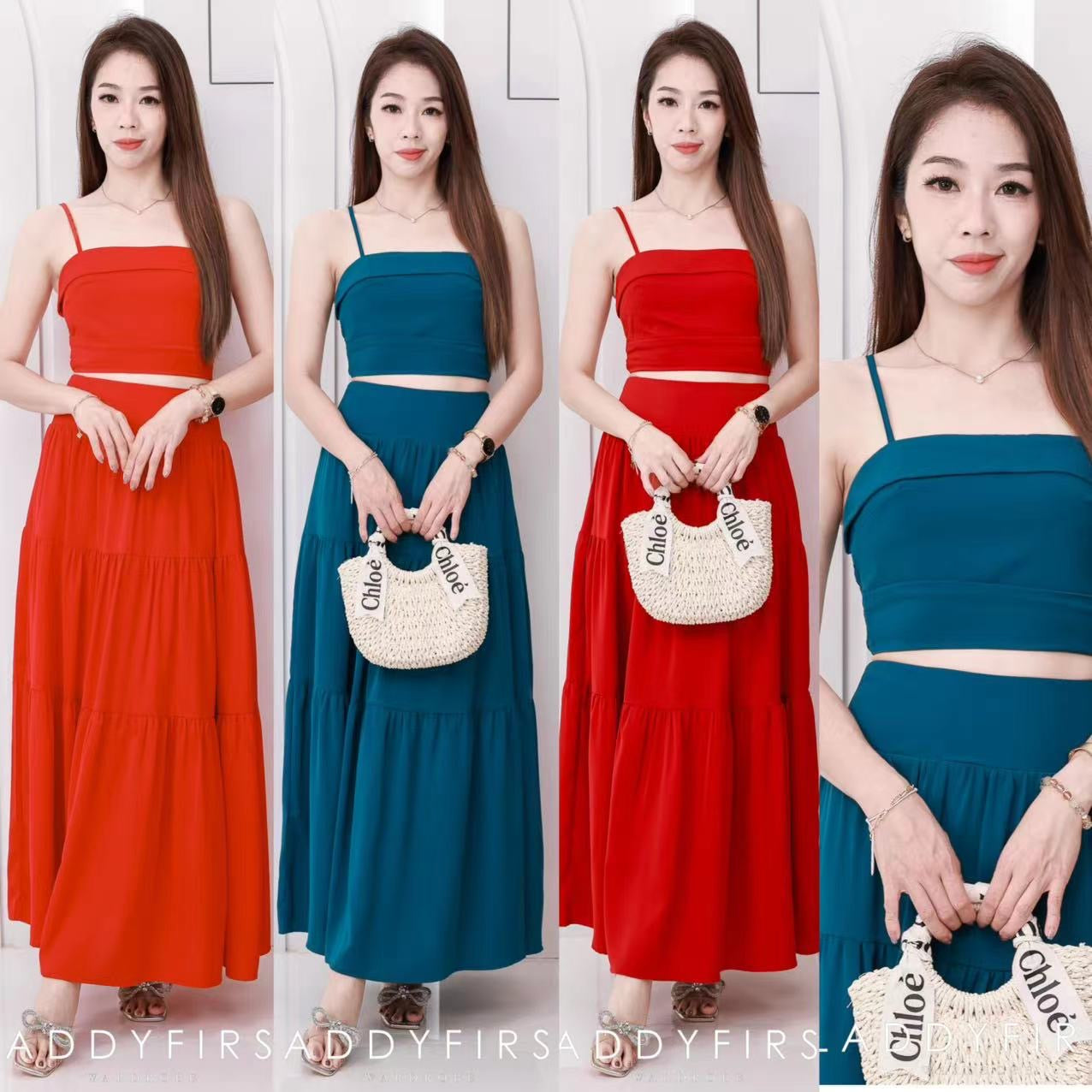 【SS32189】LFW独家爆款两件式仙气温柔风雪纺套装 自调无袖肩带抹胸上衣，后副伸缩弹力➕高腰显瘦大摆蛋糕长裙，内层有里布 ❤️❤️ 【B-R1-C3】