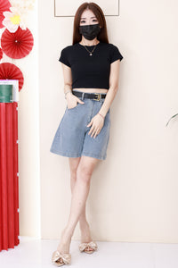 【S83095】高品质简约时尚欧美牛仔阔腿四分高腰百搭短裤，有口袋 #配送腰带 ❤️❤️