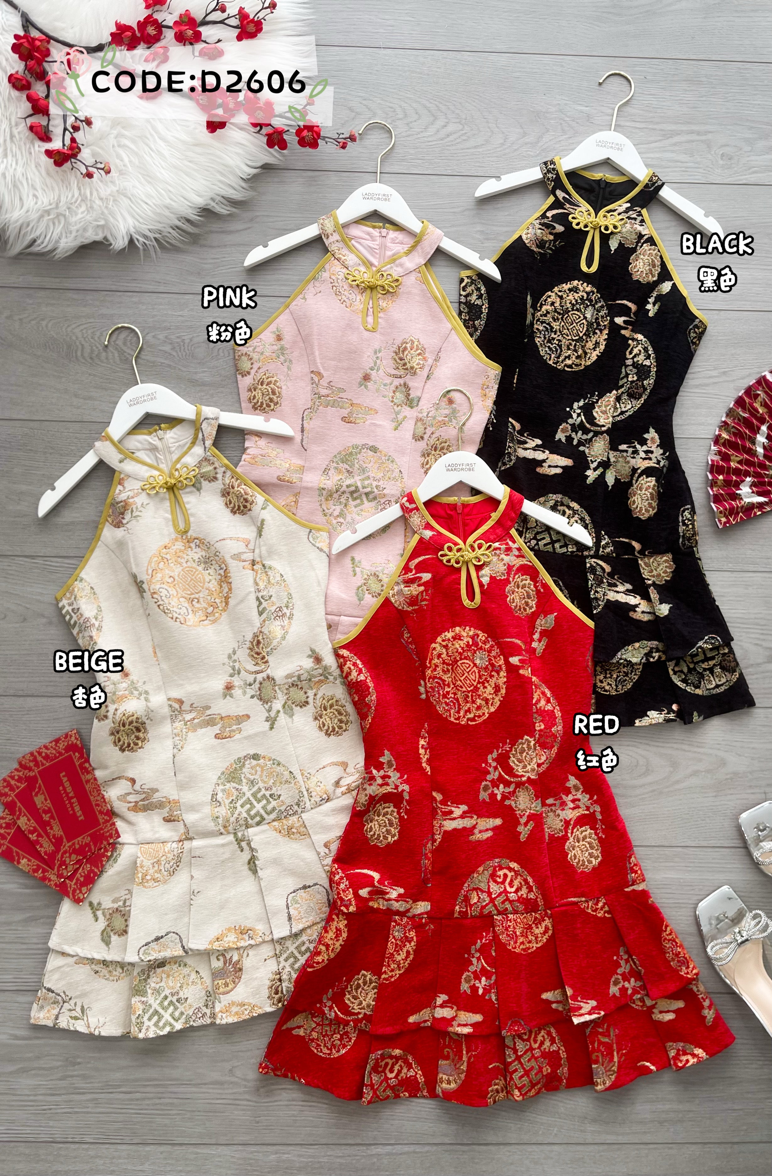【D2606】高品质复古国风雪尼尔双层百褶CUT IN提花旗袍连身裙子 ❤❤