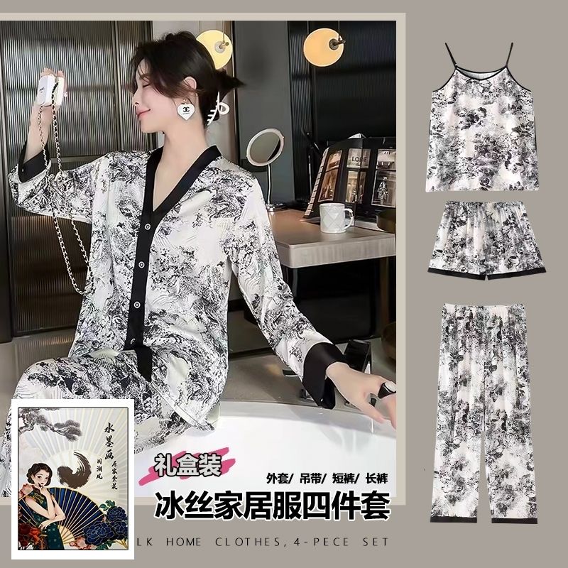 【SW2802】【礼盒装】国潮风水墨画四件套宽松冰丝居家服睡衣套装 ••肩带上衣➕短裤➕长袖上衣➕长裤•• ❤❤️