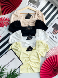 【T3408】独家爆款方领宫廷袖皱褶修身设计纯棉弹力百搭上衣 ❤❤ 【A-R1-C5】