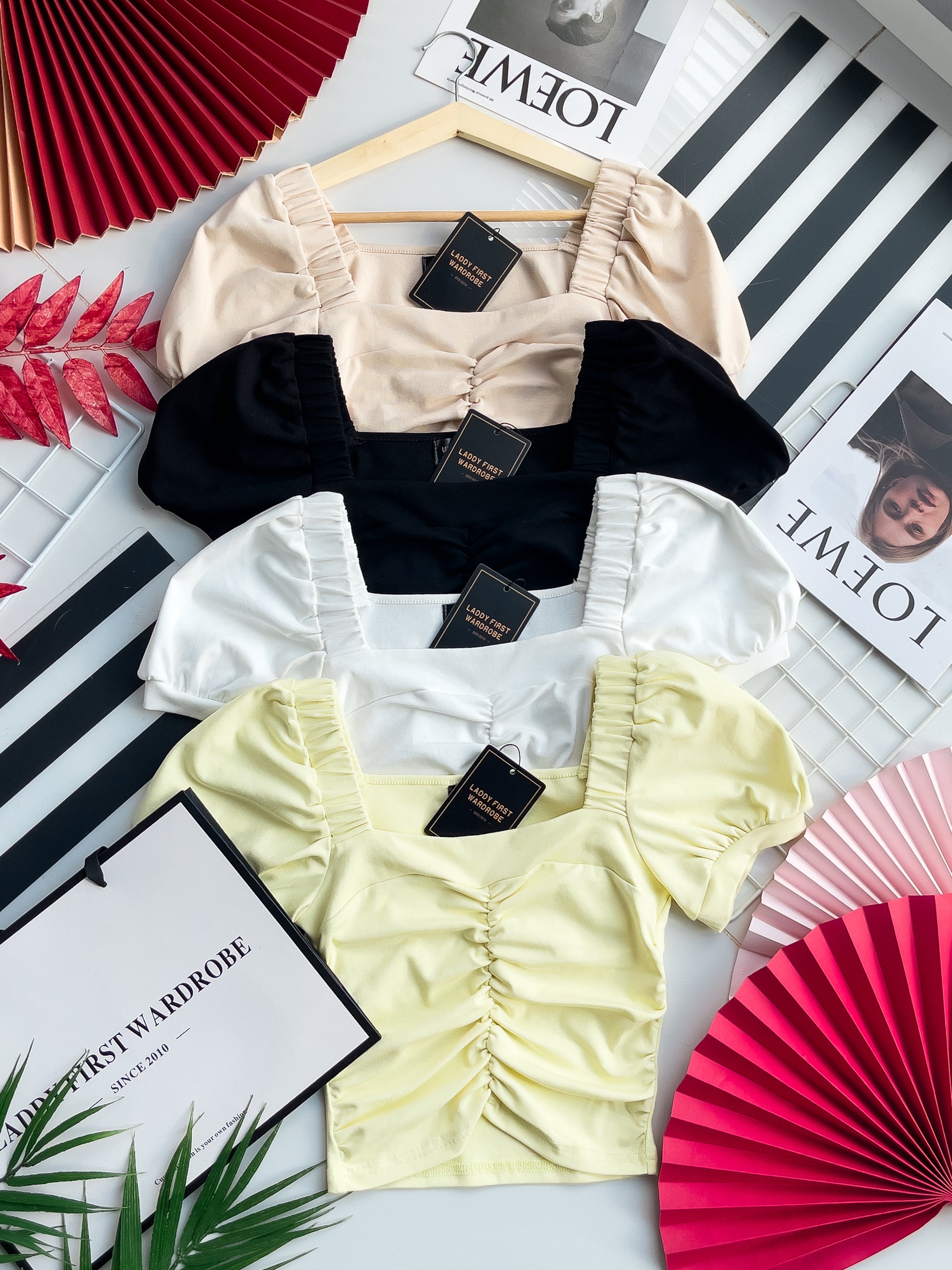 【T3408】独家爆款方领宫廷袖皱褶修身设计纯棉弹力百搭上衣 ❤❤ 【A-R1-C5】