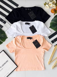 【T50156】独家爆款高品质大U领短袖纯棉弹力简约日常百搭款上衣 ❤❤ 【B-R1-C1】