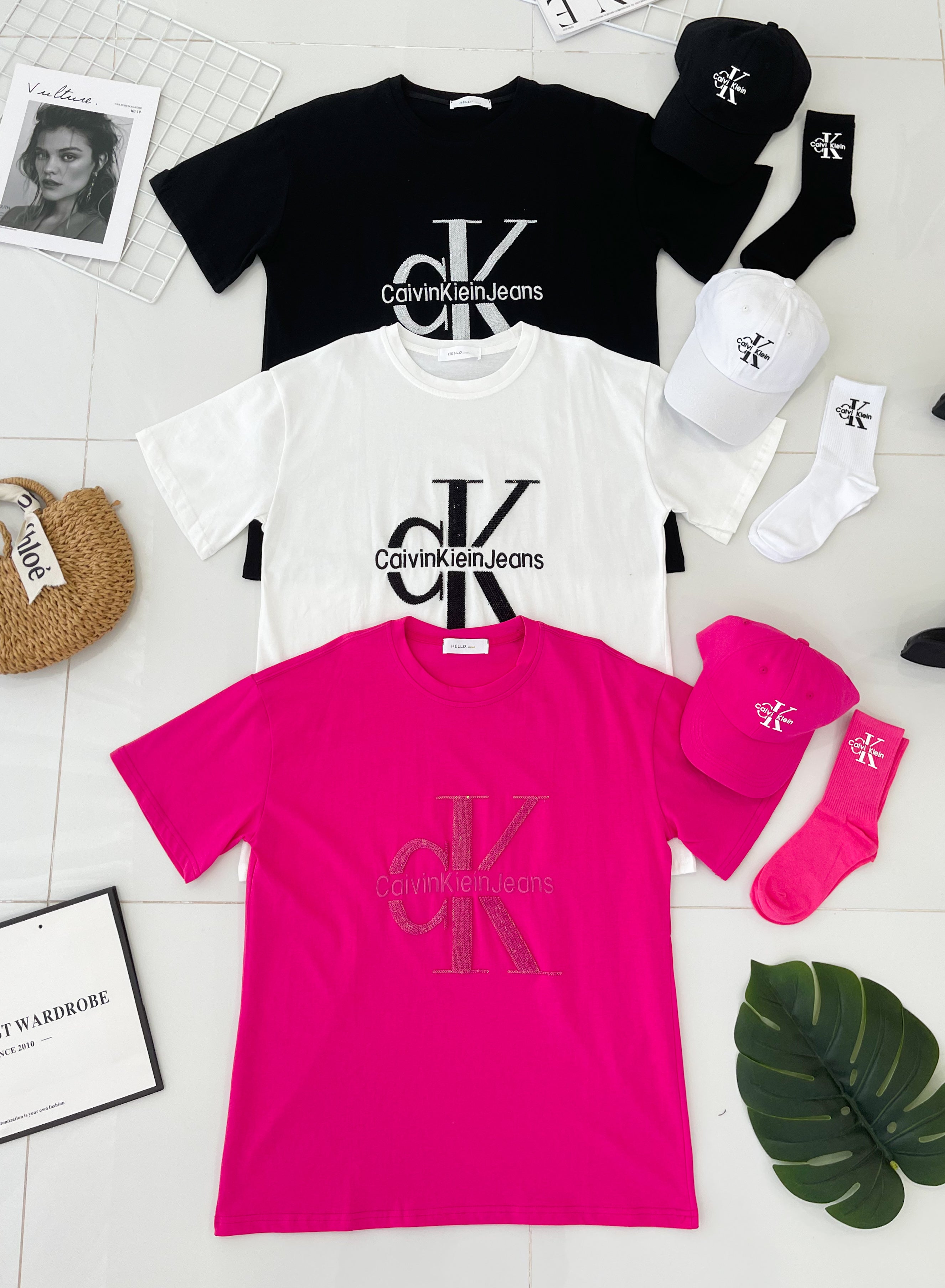 【O9962】高品质三件套男女同款圆领短袖Ck刺绣Oversized 休闲上衣➕帽子➕袜子 ❤❤