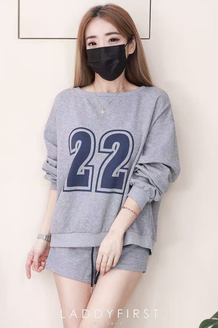 【SS5069】高品质两件式22号印图卫衣棉简约休闲百搭套装 宽松长袖上衣➕松紧腰弹力休闲短裤，有口袋 ❤️❤️ 【C-R1-C6】
