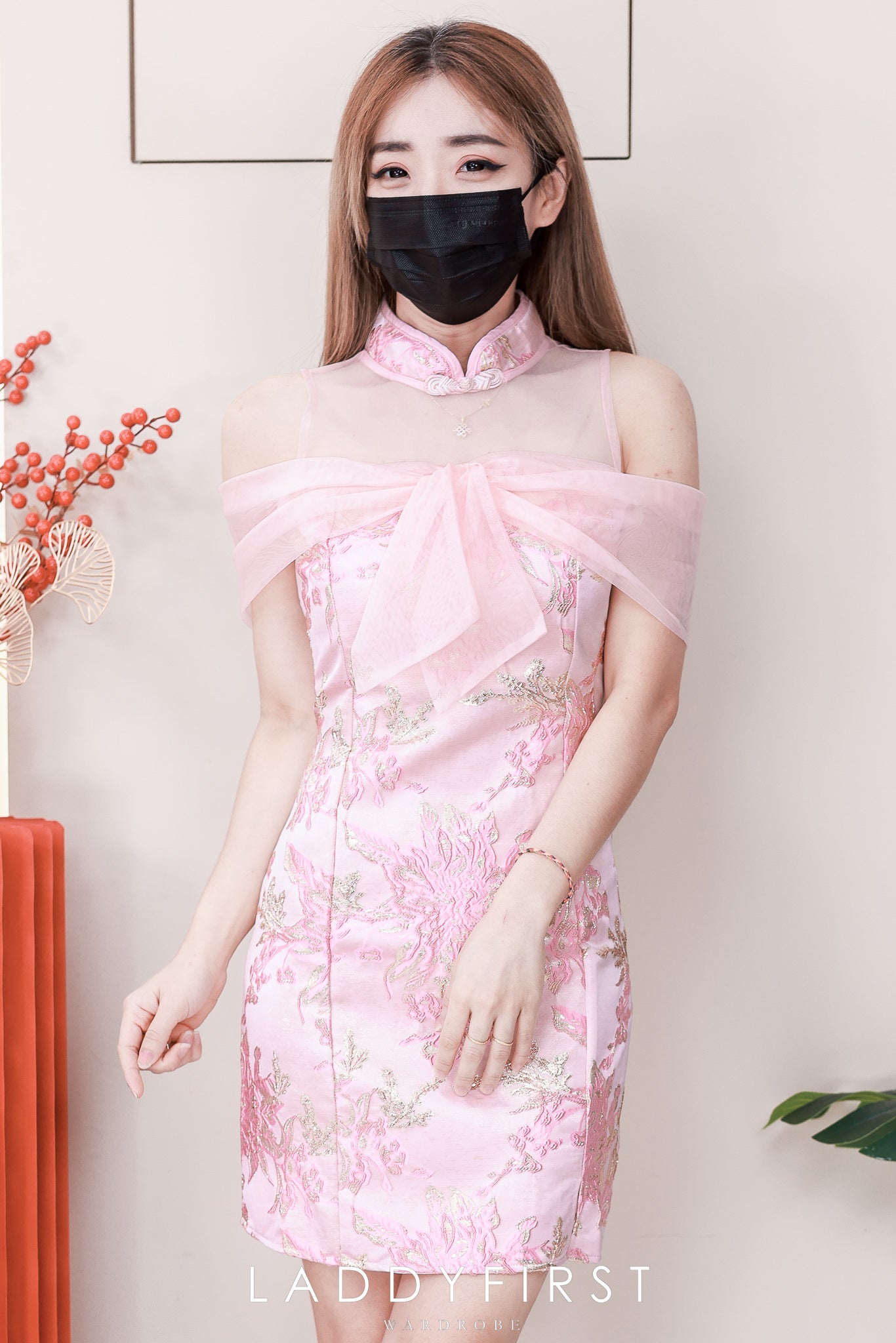 【D81657 / 91318】高品质高端气质拼接网纱蝴蝶结提花旗袍连身裙子 ❤️❤️【A-R2-C6】