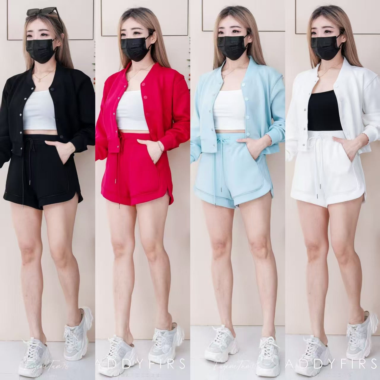【SS3523】【LFW独家小圆饼】高品质高端气质厚实空气绵韩式时尚百搭套装 V领长袖外套上衣 按扭设计➕抽绳松紧腰百搭短裤，有口袋 ❤️❤️