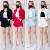 【SS3523】【LFW独家小圆饼】高品质高端气质厚实空气绵韩式时尚百搭套装 V领长袖外套上衣 按扭设计➕抽绳松紧腰百搭短裤，有口袋 ❤️❤️【B-R2-C4】