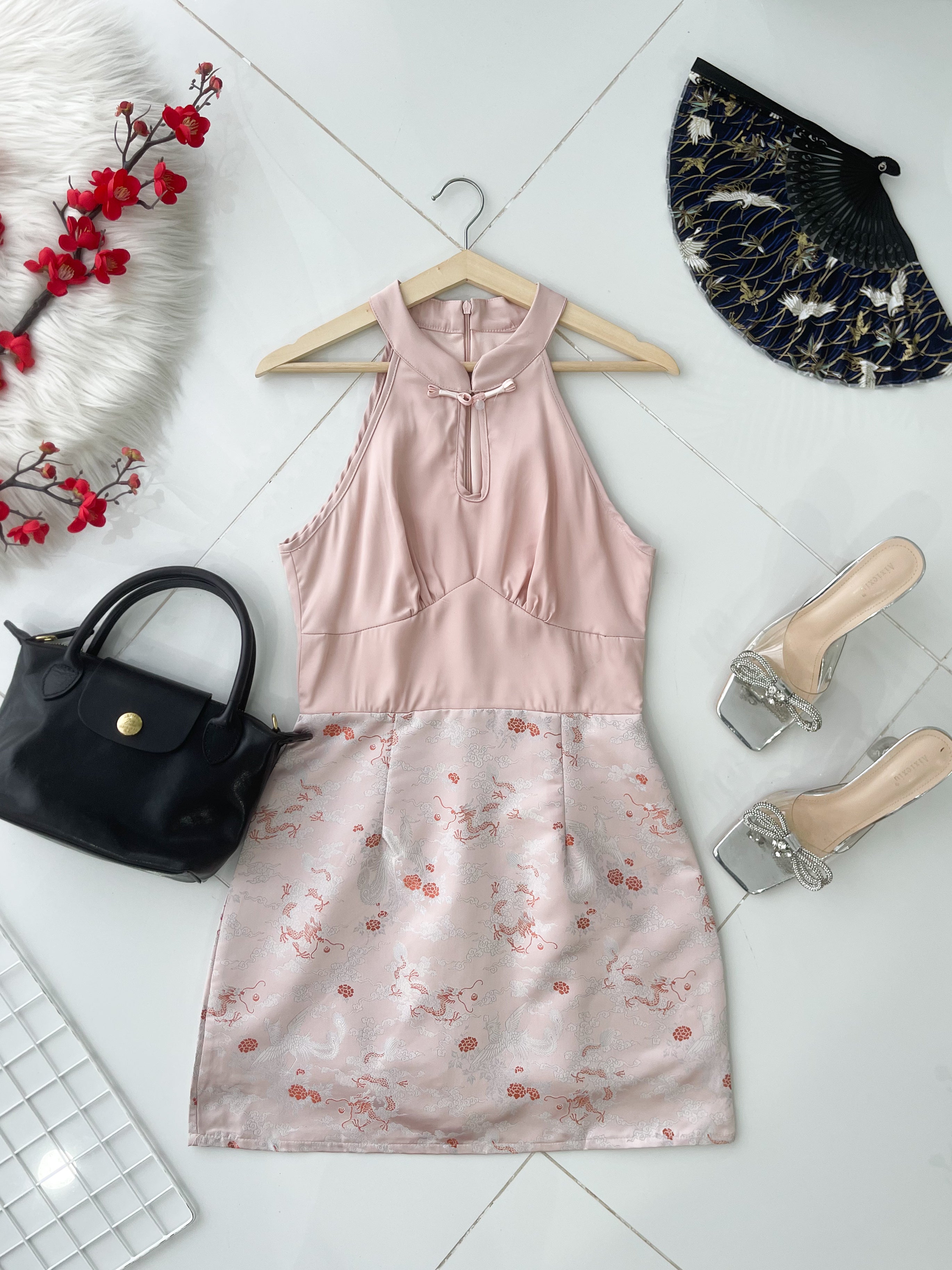 【D81689 / 37610】高品质高端气质缎面拼接提花无袖旗袍连身裙子 ❤❤【B-R1-C5】