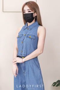 【SS121595】高品质两件式韩系气质简约牛仔时尚套装 翻领无袖牛仔上衣➕宽腿阔脚牛仔高腰直筒长裤，有口袋 ❤️❤️ 【A-R1-C6】