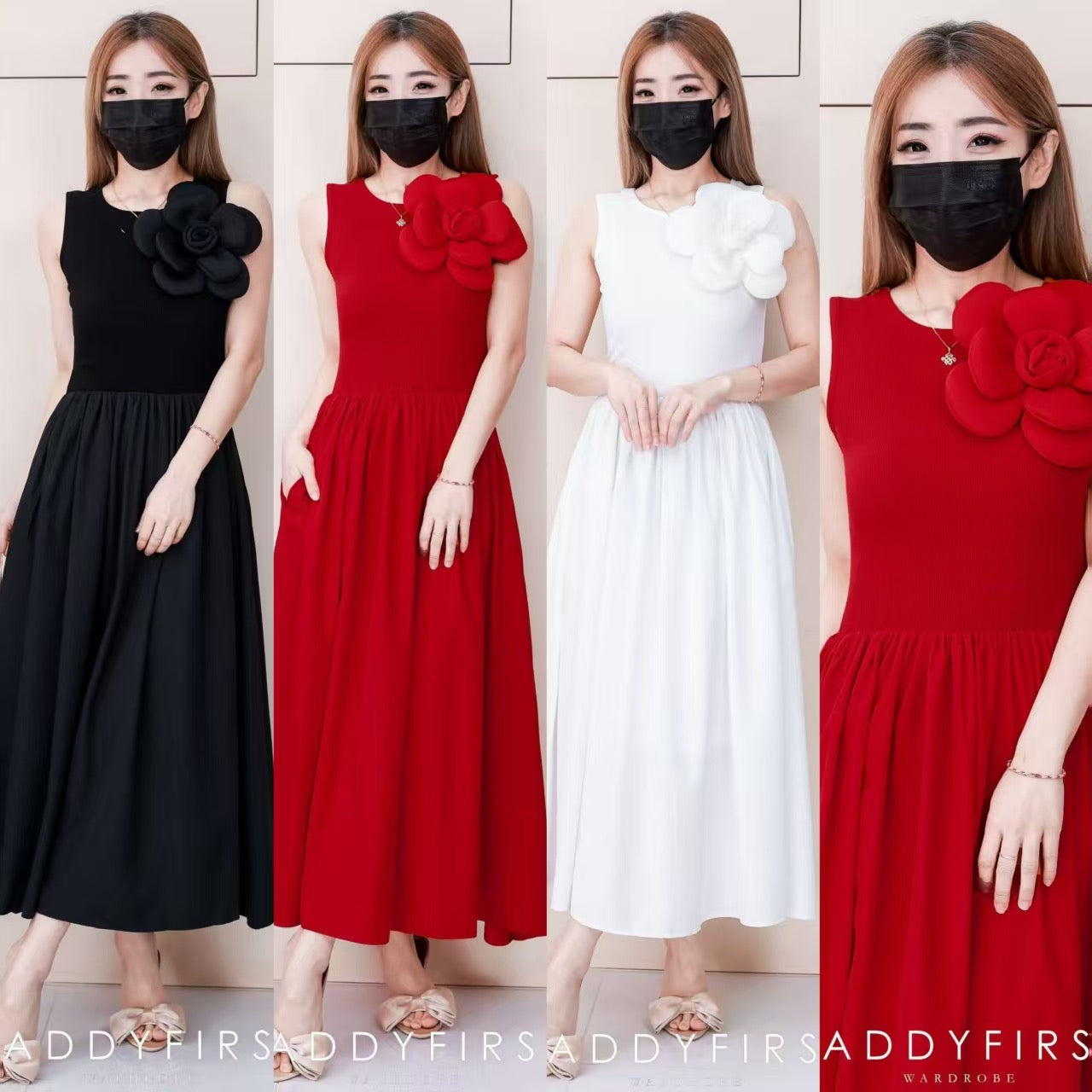 【D323020】高品质仙气韩系大气立体大花螺纹弹力拼接雪纺连身长裙 ❤❤【A-R2-C4】