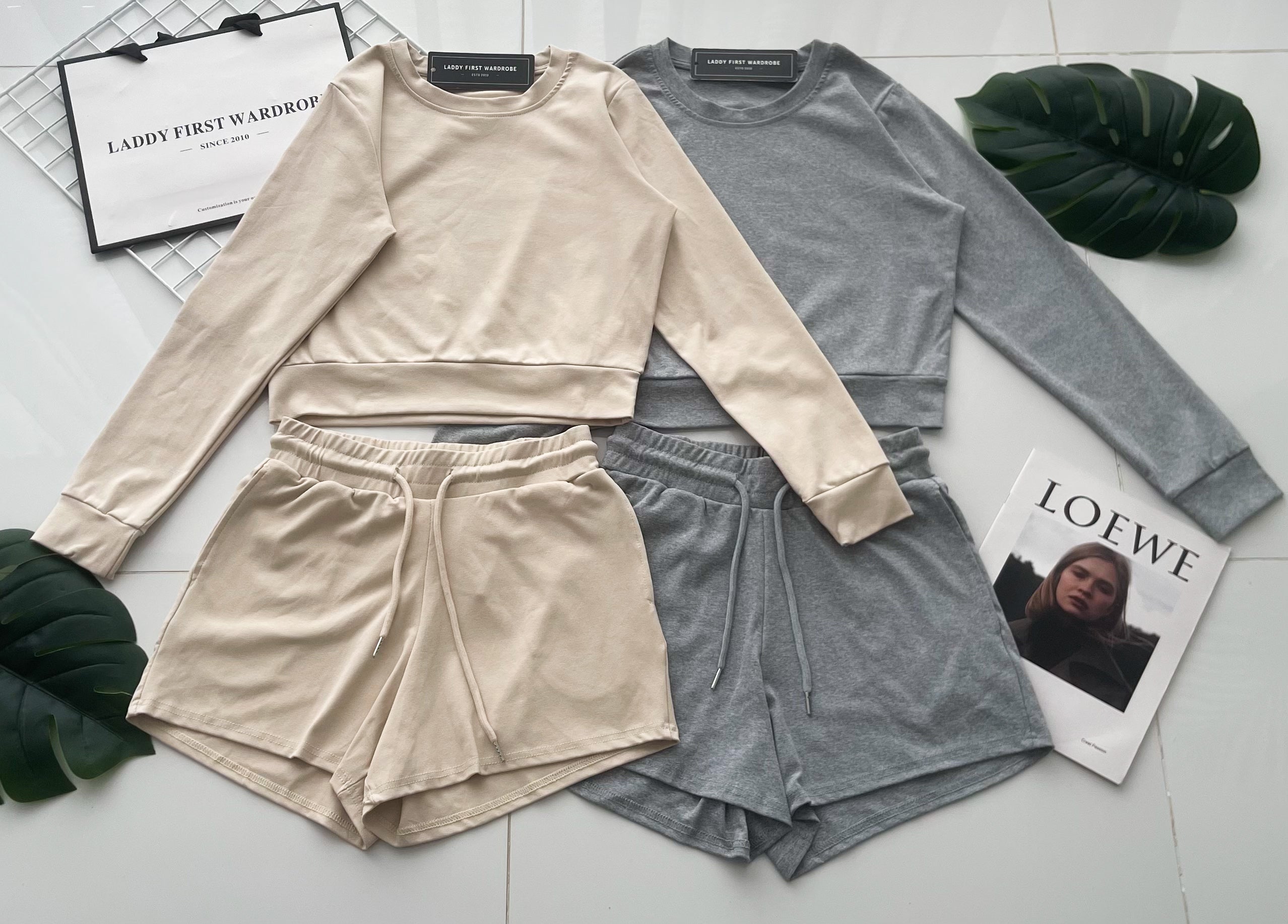 【SS823740】高品质两件式纯棉简约休闲百搭套装 宽松版休闲百搭长袖上衣➕松紧腰弹力休闲短裤，有口袋 ❤️❤️【B-R1-C4】