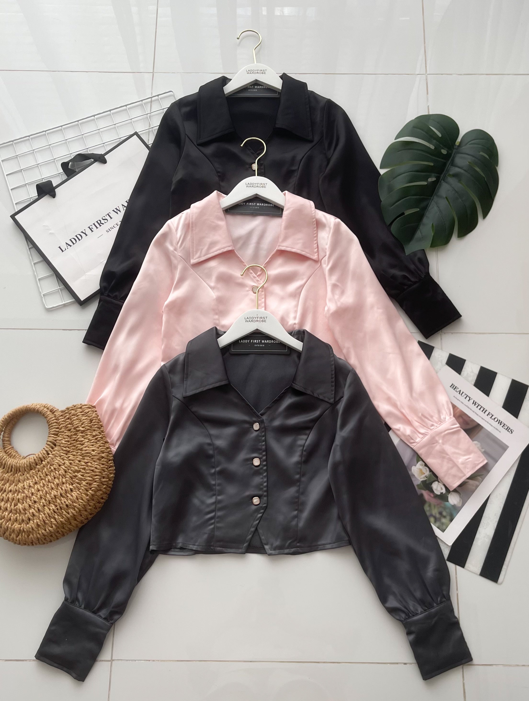 【T16962】高品质港式复古时尚气质显瘦长袖缎面上衣 ❤❤