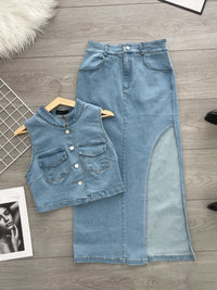 【SS16949】高品质两件式韩式COTTON JEANS牛仔时尚套装 牛仔无袖上衣➕性感开叉设计牛仔高腰裙子 ❤️❤️【A- R1-C6】