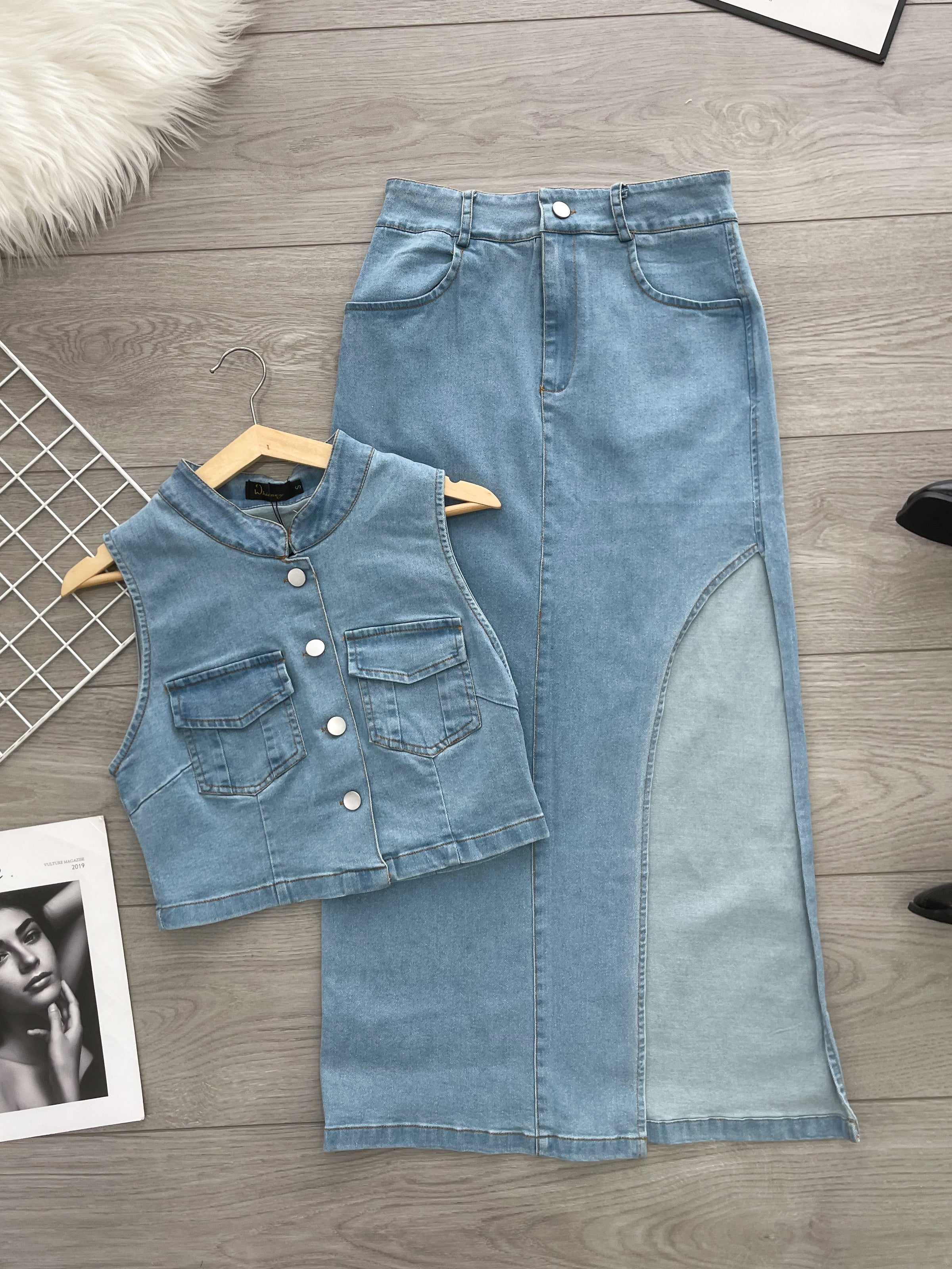 【SS16949】高品质两件式韩式COTTON JEANS牛仔时尚套装 牛仔无袖上衣➕性感开叉设计牛仔高腰裙子 ❤️❤️【A- R1-C6】