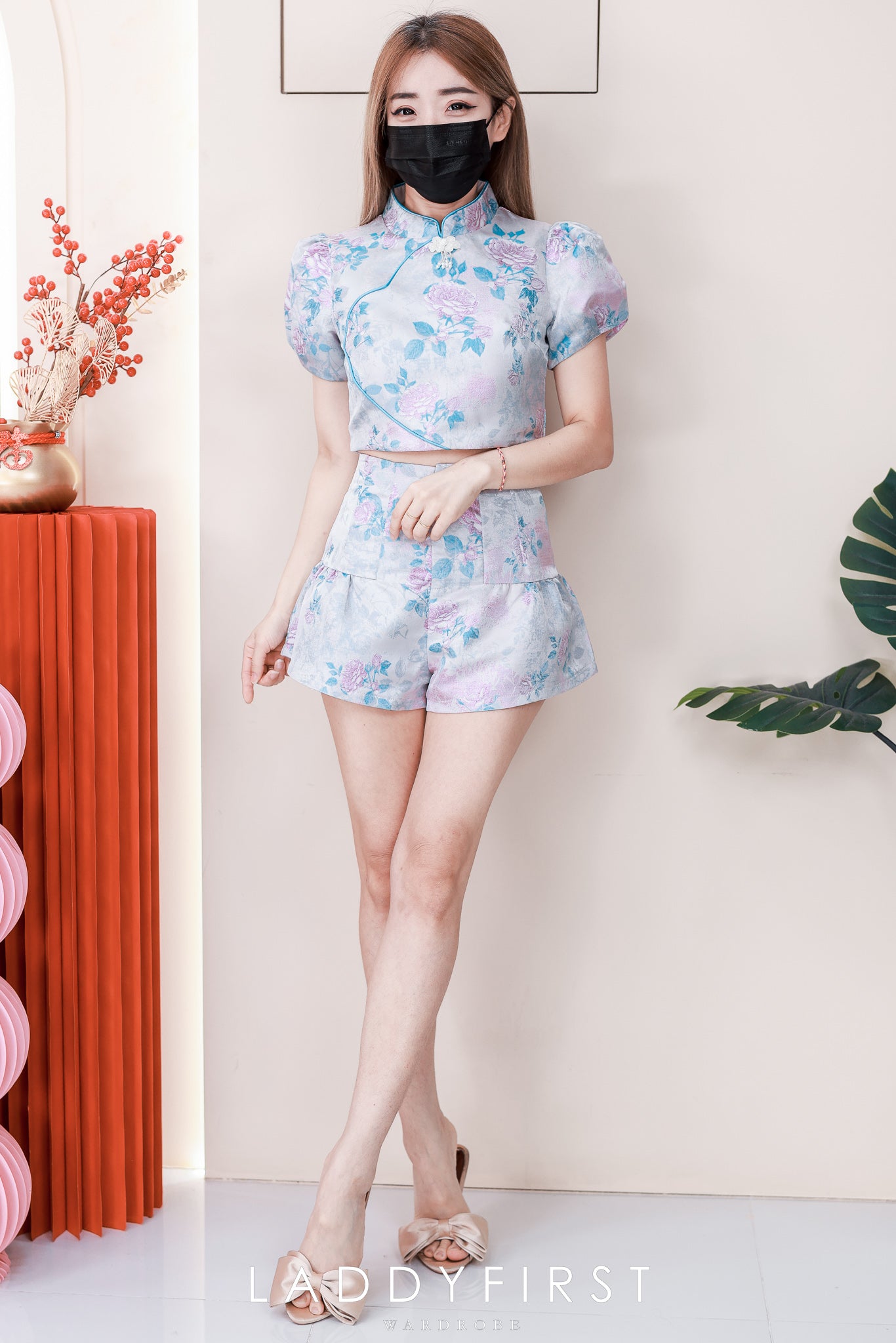 【SS98897】高品质两件式新中式提花旗袍套装 泡泡袖旗袍上衣➕提花高腰短裤 ❤️❤️