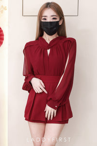 【SS81155】高品质两件式女神气质款时尚套装 雪纺长袖上衣➕双层西装百褶 高腰裤裙 ❤️❤️ 【A-R1-C4】