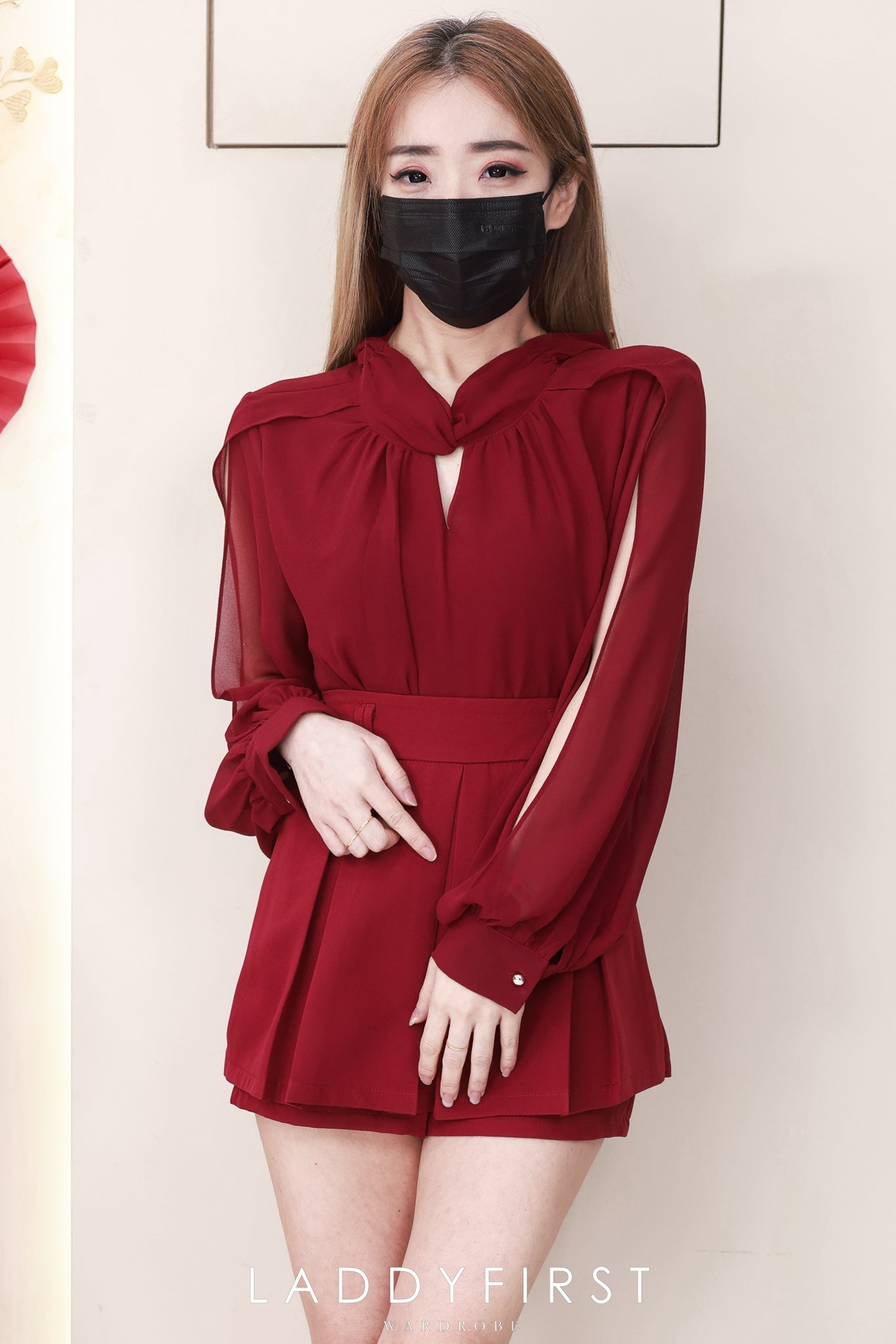 【SS81155】高品质两件式女神气质款时尚套装 雪纺长袖上衣➕双层西装百褶 高腰裤裙 ❤️❤️ 【A-R1-C4】