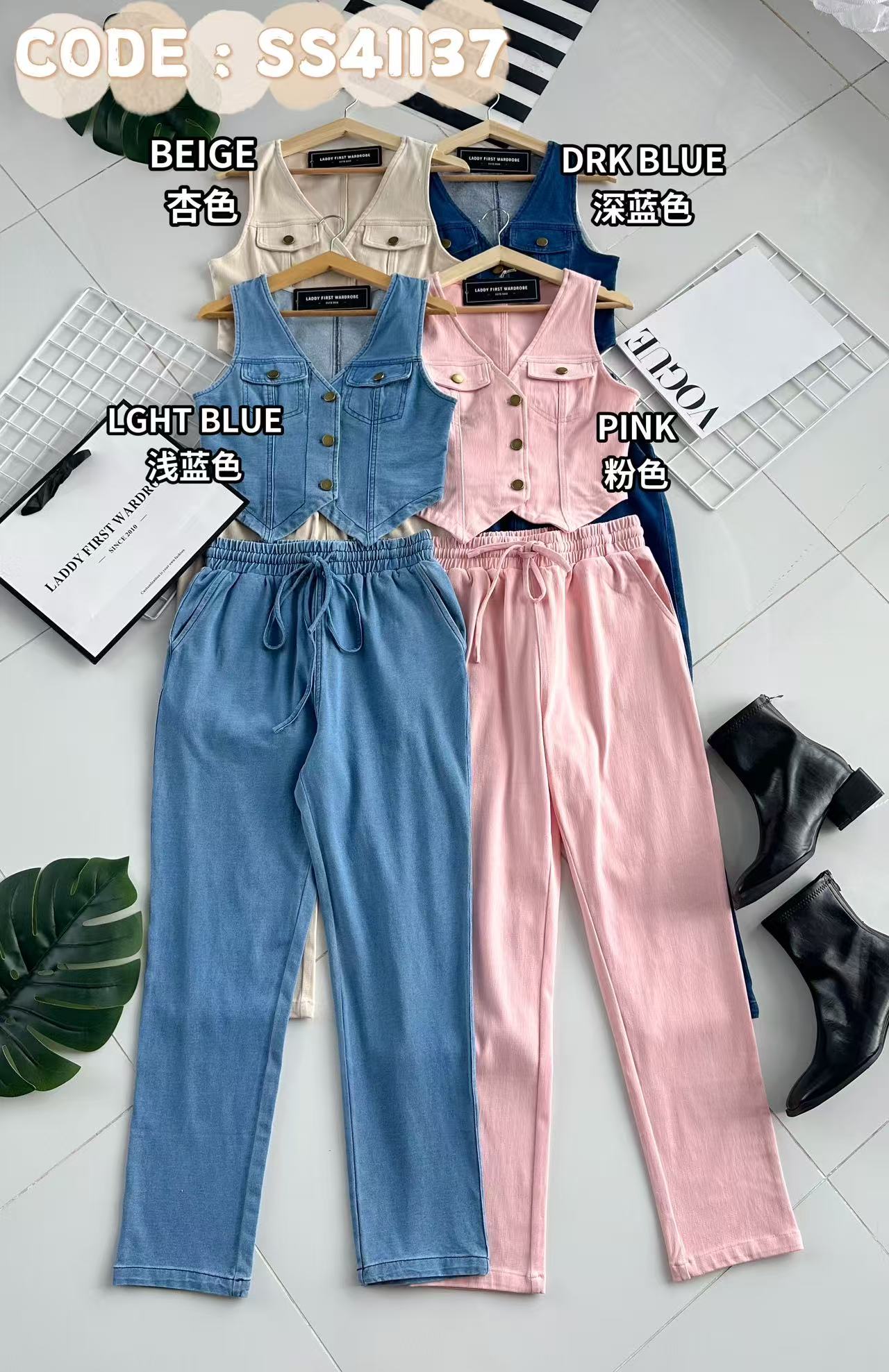 【SS41137】高品质两件式韩版马甲式COTTON JEANS牛仔套装  马甲式牛仔上衣/外套➕牛仔松紧腰高腰百搭长裤，有口袋 ❤️❤️