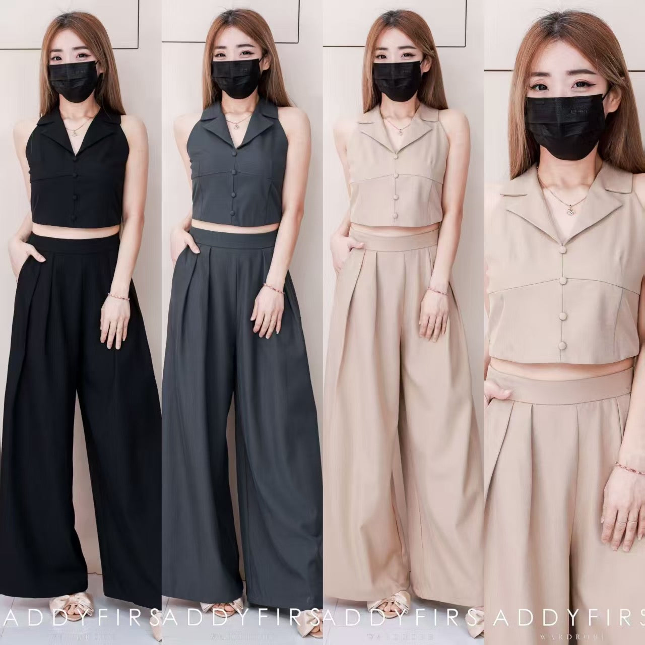 【SS98771】高品质两件式御姐风西装套装 翻领CUT in上衣➕阔脚西装高腰百搭长裤，有口袋 ❤️❤️【A-R1-C6】