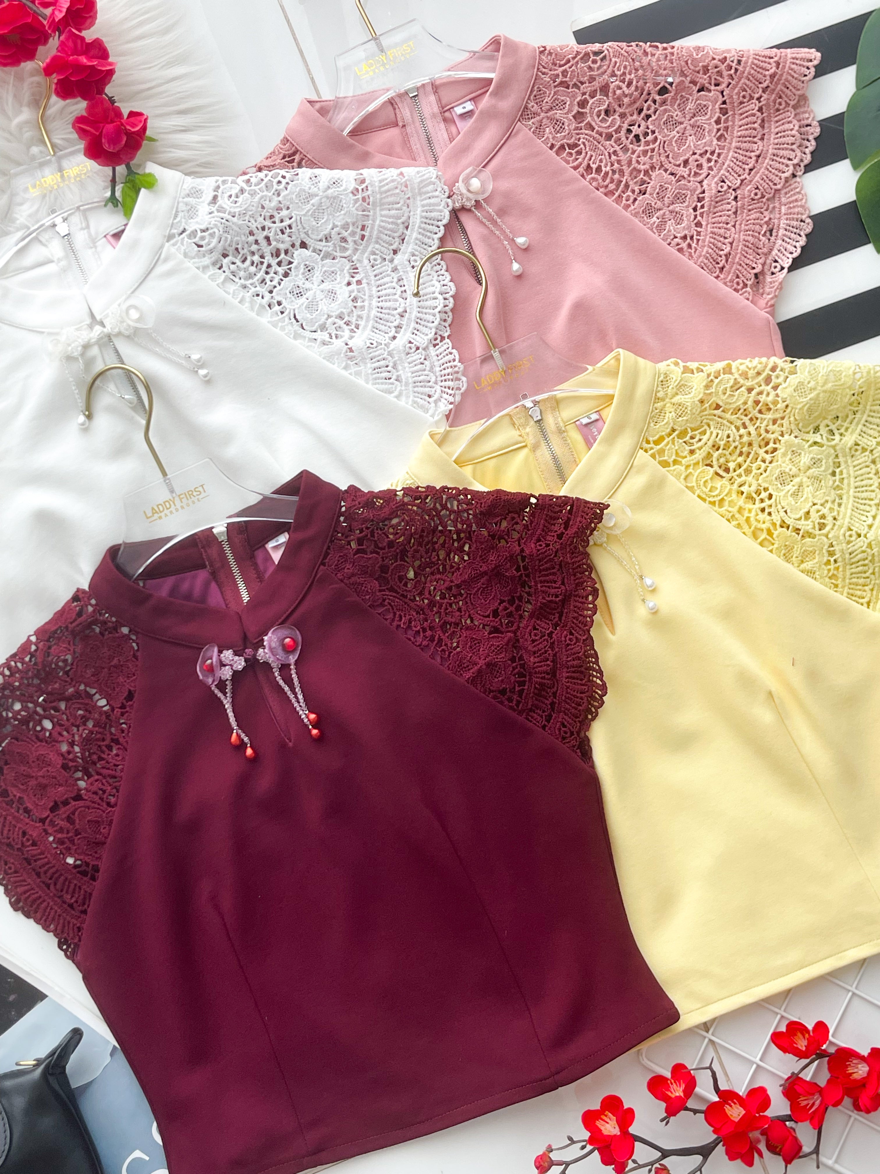 【T6936】高品质罗马拼接水溶蕾丝袖子旗袍上衣 ❤❤