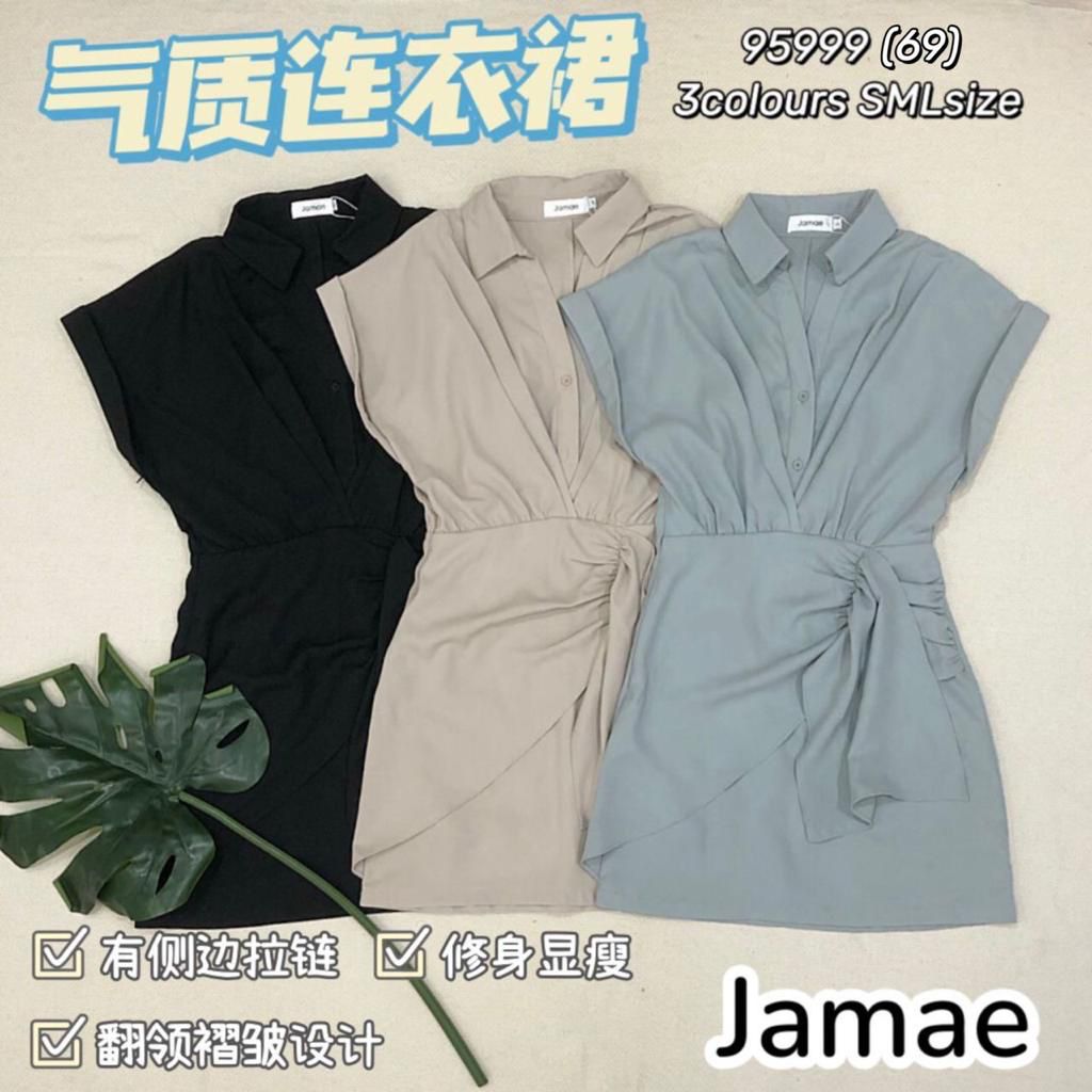 【D95999】翻领短袖显腰皱褶设计西装垂感连身裙子 ❤️❤️