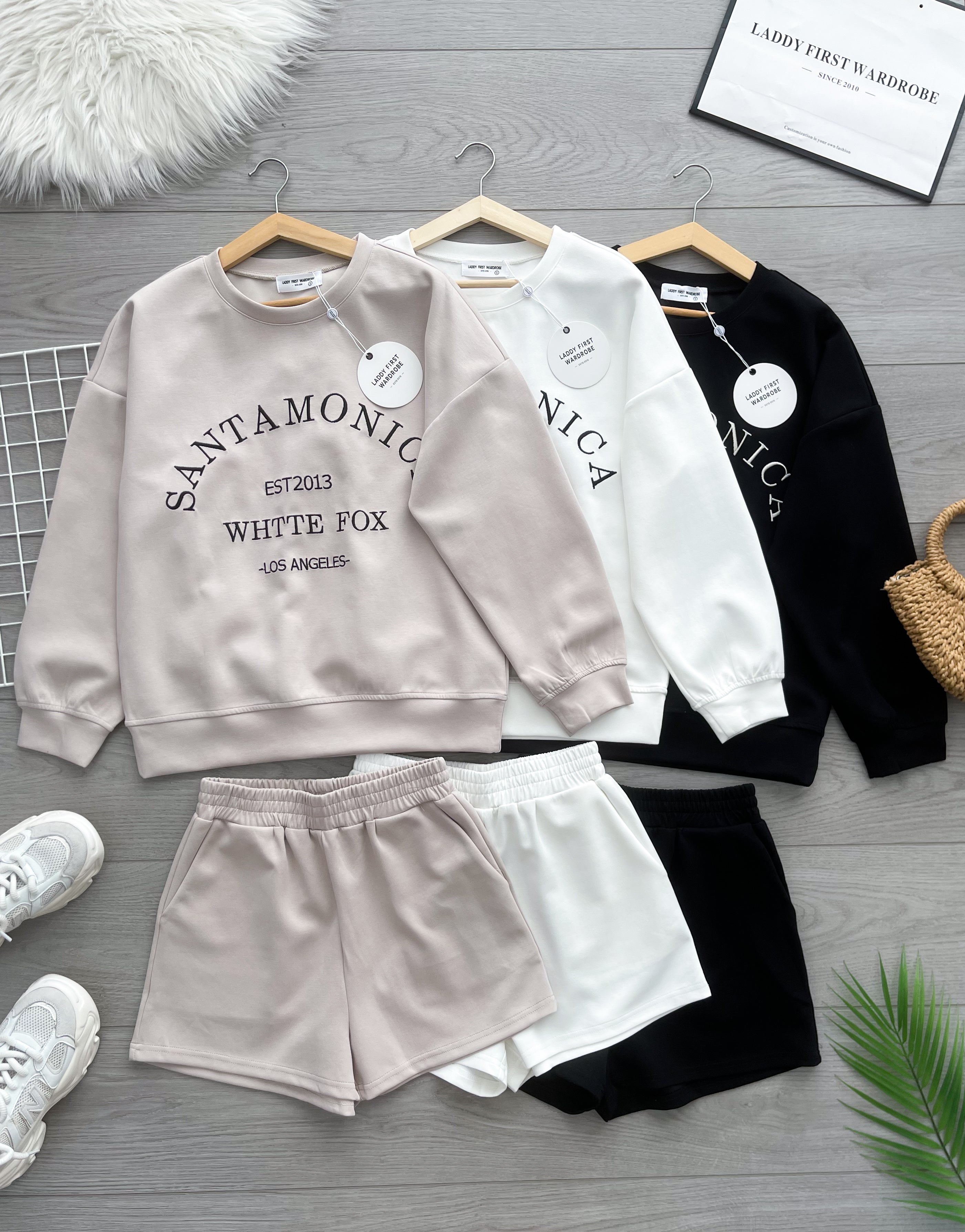 【SS3544】🌟推荐🌟【LFW独家小圆饼】高品质空气棉质宽松版简约休闲套装 宽松版刺绣字母长袖上衣➕松紧腰弹力休闲百搭短裤，有口袋 ❤️❤️