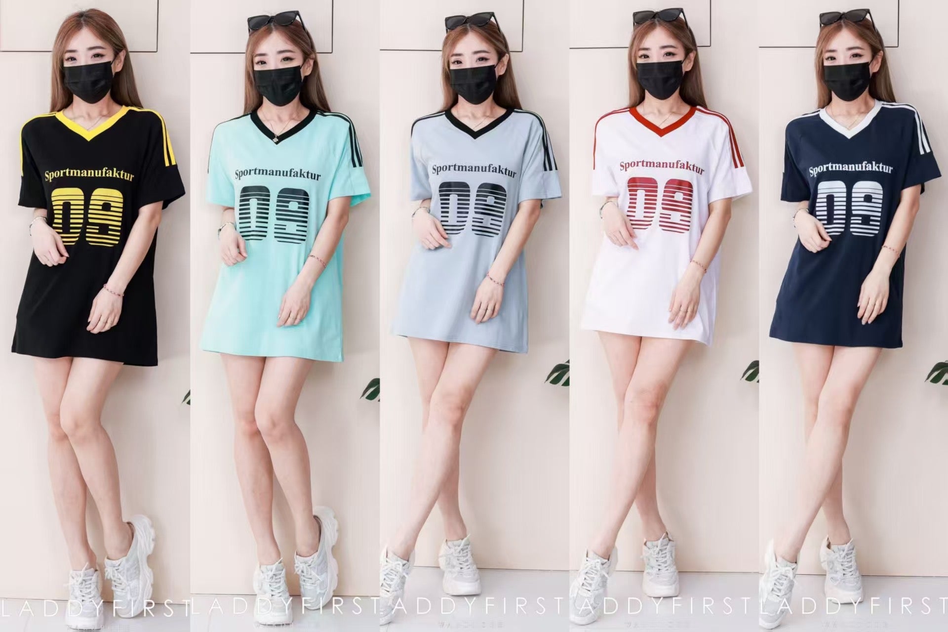 【T14260 / 9062】高品质V领09字母拉线设计纯棉OVERSIZED 上衣 ❤❤ 【B-R2-C4】